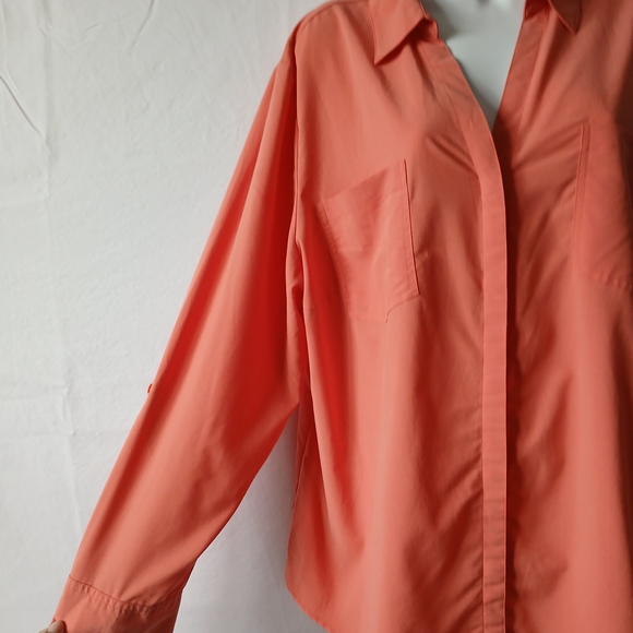 Chico's Orange  Button Up Shirt V Neck Stretch Sz 3  Casual Cottage Travel Work - Picture 3 of 8